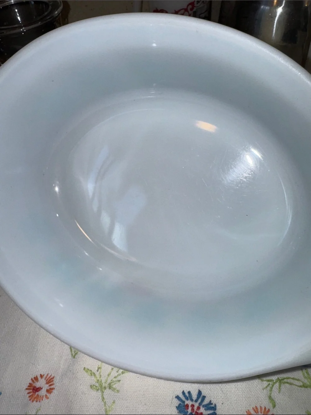 Pyrex White Casserole Dish with Light Blue Snowflake Pattern